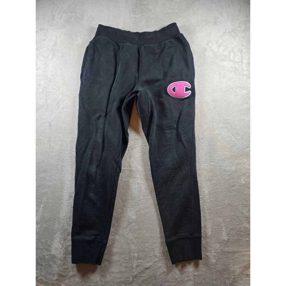 Champion Reverse Weave Joggers Womens Black Pink Logo Sweatpants Fleece
